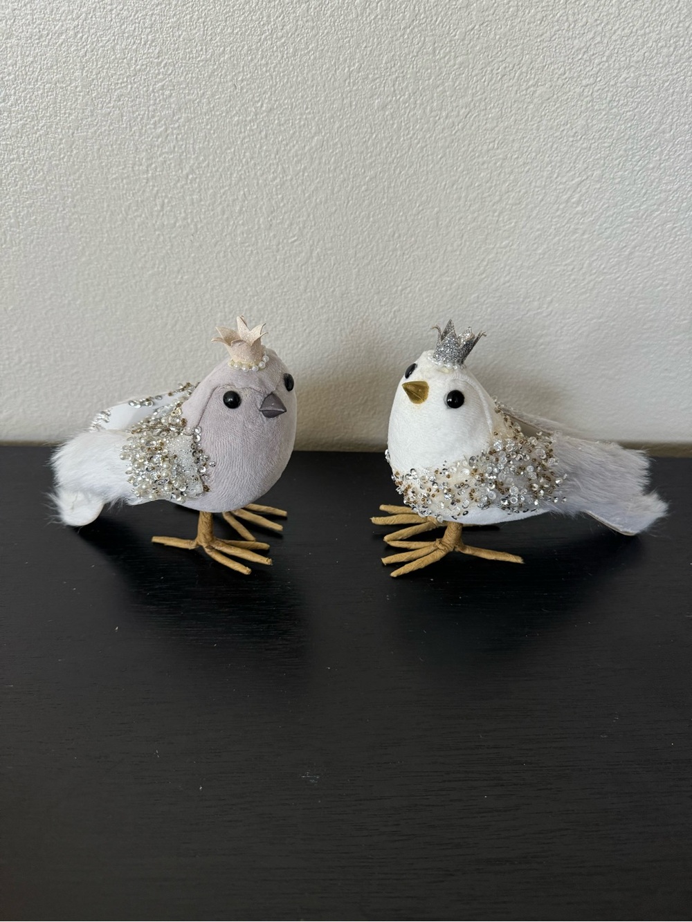 Decorative Beaded White and Light Gray Bird Figurines with Crowns - Set of 2